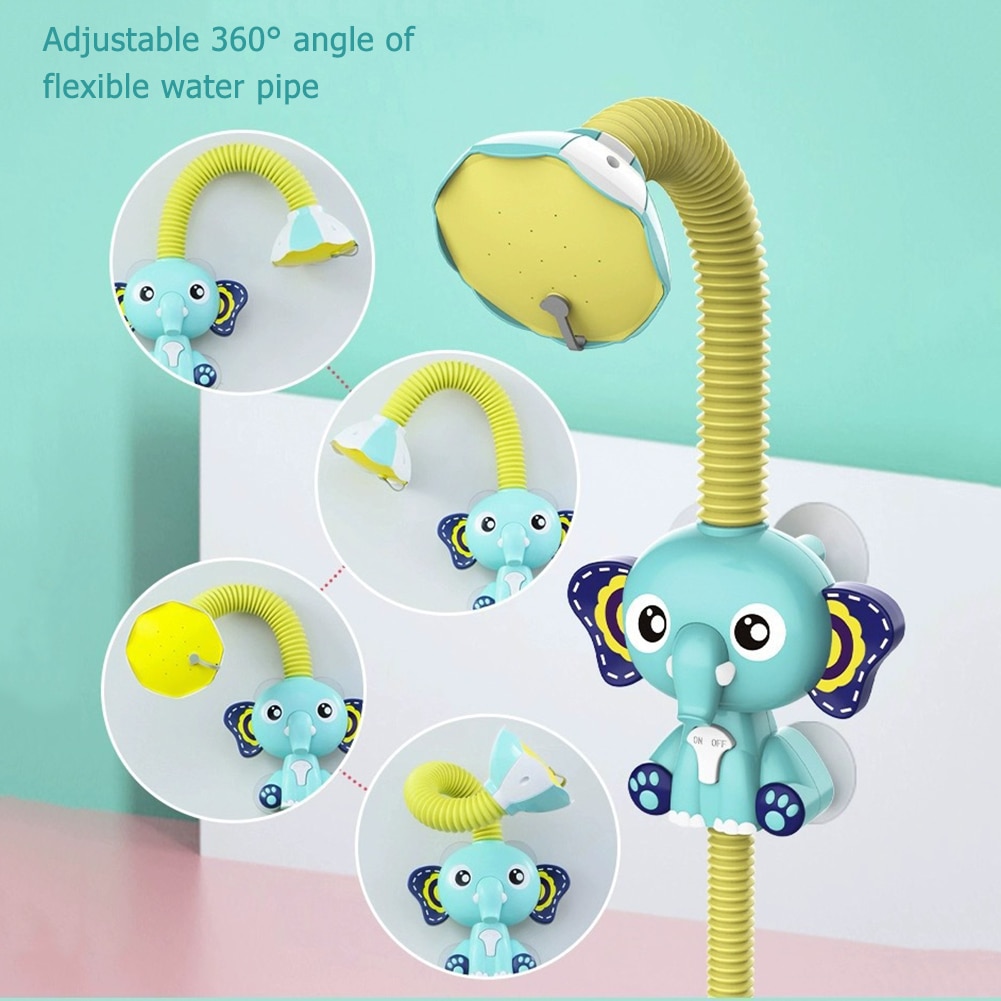 Cute Electric Elephant Water Pump with 360 Degrees Adjusted Hose Baby Bath Shower Head Spout Rinser Kids Shower Toys